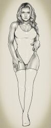 actress ass_visible_through_thighs black_and_white busty cameltoe celebrity dafne_keen full_body fully_clothed idrawnudeladies large_breasts latex latex_leotard latex_thighhighs leotard long_hair monochrome pinup real_person thighhighs wide_hips younger_female