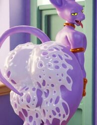 2025 3d_(artwork) absurd_res after_sex anthro ass backsack balls bedroom_eyes beerus big_butt bodily_fluids bottomwear bracelet clothing cum cum_on_balls cum_on_butt cum_on_leg digital_media_(artwork) domestic_cat dragon_ball dragon_ball_super english_description excessive_cum fangs felid feline felis fur genital_fluids genitals geometryboymejia god_of_destruction gold_(metal) gold_armlet gold_bracelet gold_jewelry gold_necklace hairless hairless_cat half-closed_eyes hi_res jewelry looking_back male mammal narrowed_eyes necklace nude_anthro open_mouth pants purple_body purple_skin rear_view seductive sharp_teeth solo sphynx_(cat) standing tail teeth thick_thighs tongue tongue_out yellow_body yellow_fur
