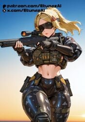 ai_generated aiming blonde_hair etunazai female military_uniform ponytail sniper_rifle trigger_(zenless_zone_zero) zenless_zone_zero