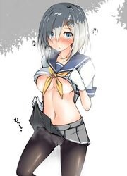 blue_eyes blush breasts female gloves hair_ornament hair_over_one_eye hairclip hamakaze_(kantai_collection) highres kaminagi_(kaminagi-tei) kantai_collection looking_at_viewer midriff navel nipples panties panties_under_pantyhose pantyhose pussy_juice school_uniform serafuku short_hair silver_hair skirt skirt_lift solo underboob underwear white_gloves