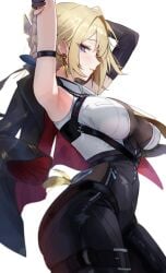 1girls arm_strap armpits arms_up black_jacket black_pants blonde_hair breasts collared_shirt commentary cowboy_shot desire_(des1re) earrings evelyn_chevalier female from_side hashtag-only_commentary high-waist_pants highres jacket jacket_on_shoulders jewelry large_breasts light_smile looking_at_viewer mole mole_under_eye necktie pants parted_lips purple_eyes shirt short_hair sidelocks simple_background solo tight_clothes tight_pants white_background white_shirt yellow_necktie zenless_zone_zero