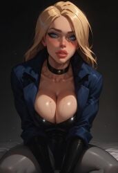 1girls ai_generated black_canary blonde_hair blue_eyes blush bursting_breasts choker civitai cleavage dc_comics huge_breasts jacket leotard long_hair looking_at_viewer mamely32 sitting solo wet_body young_justice