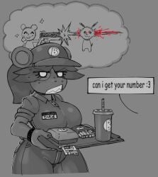 angry annoyed annoyed_expression anthro bear bear_girl fantasizing fast_food fast_food_uniform gummy_creature imtheonlydude monochrome oc offscreen_character punk punk_girl tagme thought_bubble