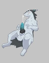 absurd_res animal_genitalia anthro biped black_body black_fur black_tail blush clenched_teeth closed_eyes cometdragonite ejaculation erection fur generation_2_pokemon genitals grey_background grey_body grey_fur hi_res knot male nintendo penis pokemon pokemon_(species) sheath simple_background solo tail teeth typhlosion
