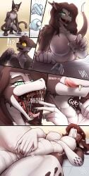 7_panel_comic absurd_res allsonwa anthro big_breasts bodily_fluids bottle breasts brown_body brown_fur comic container crouching domestic_cat dragon duo extreme_size_difference featureless_breasts felid feline felis female finger_fuck fingering fully_inside fur hi_res inside_mouth licking licking_lips lying macro male male/female mammal masturbation micro mythological_creature mythological_scalie mythology neck_bulge on_back open_mouth saliva saliva_string scalie sharp_teeth size_difference spin_the_bottle spinning swallowing teeth tongue tongue_out vaginal_masturbation vaginal_penetration vore