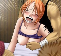 bed breasts closed_eyes crimson_comics erect_nipples female from_behind large_breasts male nami nami_(one_piece) nipples no_bra one_piece open_mouth orange_hair pre-timeskip rape screaming sex sweat vaginal_penetration