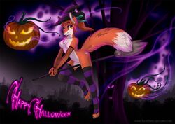 anthro breasts broom canine female fox halloween hat holidays magic_user nipples nude outdoors pumpkins rukifox witch