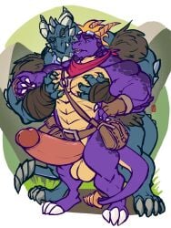 activision aged_up anthro anthrofied arm_wraps balloonist_spyro balls bara belt belt_pouch big_penis blue_body bubba_(spyro) chin_spikes claws clothing dragon duo erection eyewear eyewear_on_head facial_spikes fingerless_gloves frill_(anatomy) gay gay_sex genitals glans gloves goggles goggles_on_head grabbing_from_behind handwear hi_res horn huge_cock humanoid_genitalia humanoid_penis jaw_spikes kerchief leather leather_clothing leather_gloves leather_handwear male male/male male_only multicolored_body muscular muscular_anthro muscular_male mythological_creature mythological_scalie mythology neck_spikes neckerchief neckwear pec_grab pecs penis purple_body rescued_dragons_(spyro) scalie shenaniwhagons shoulder_bag shoulder_pads simple_background spikes spikes_(anatomy) spyro spyro_reignited_trilogy spyro_the_dragon standing two_tone_body wraps