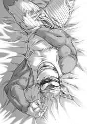 1boy anthro anthro_only ape bed bed_sheet chimpoppokyoju donkey_kong_(series) fully_clothed funky_kong furry furry_only glasses gorilla grabbing grabbing_penis hand_in_pants laying_on_bed male male_only mammal monochrome muscular muscular_male nintendo not_ai_generated primate solo_male tagme