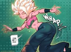 ass ass_grab ass_slap back_arch blonde_female blonde_hair breast_squeeze breast_squish breasts bursting_breasts butt_focus caulifla cleavage clothed clothed_female comic_style crimsoncoax deep_cleavage dragon_ball dragon_ball_super exposed_midriff expression female female_only flexing flirting flirty glowing_hair green_eyes looking_back midriff muscled muscles muscular muscular_female navel pants power_pose saiyan smug smug_smile solo spandex speech_bubble spiky_hair super_saiyan super_saiyan_2 teasing thigh_gap tight_pants tomboy transformation whap