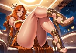 ai_generated artifactglitch ass big_breasts breasts feet female_focus female_on_top femdom foot_fetish ginger_hair heels league_of_legends leona_(league_of_legends) looking_at_viewer sandals toes