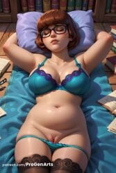 1girls ai_generated armpits black-framed_eyewear blue_bra book bra breasts brown_hair cartoon_network cleavage closed_eyes collarbone freckles glasses hanna-barbera hi_res indoors large_breasts lips lying mole mole_on_breast navel nose on_back panties panty_pull patreon_username pillow progenarts pussy scooby-doo short_hair sleeping solo thighhighs uncensored underwear underwear_only velma_dinkley warner_brothers web_address
