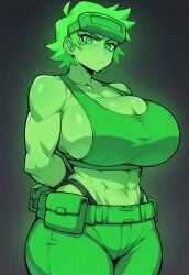 1girls ai_generated awaria belt big_breasts breasts civitai cleavage female ghost ghost_girl glowing green_eyes green_hair green_skin huge_breasts midriff nikita_naprava short_hair sideboob solo tank_top thick_thighs toned wide_hips
