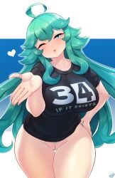 ai_upscaled almost_naked almost_nude ass big_ass big_breasts blowing_kiss blue_eyes breasts curly_hair exposed_pussy female green_hair green_pussy_hair hand_drawn huge_ass huge_breasts kissing long_hair pubic_hair pussy pussy_peek rule_34-tan shirt slim_waist smooch thick_thighs white_body