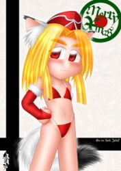 1girls 2001 blonde_hair blush christmas female low_quality lowres red_eyes smile tensya_nekomikado text yellow_hair