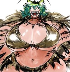 1girls 2025 2d_(artwork) alien_girl barbarian belly_button cape claws cleavage cockroach_girl digital_media_(artwork) golden_bikini golden_week green_hair_female huge_breasts kemonomimi looking_at_viewer markings necklace neckwear open_mouth pubic_hair rochi rrrroch1 sharp_teeth short_hair_female simple_background smiling_at_viewer solo_female solo_focus tongue tooth_necklace white_background yellow_eyes_female
