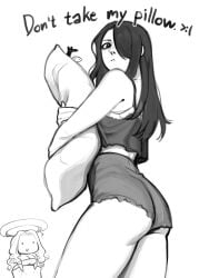2girls angel angry angry_face black_hair blonde_hair booty_shorts chloe_(telepurte) crop_top dialogue dress fat_ass hair_over_one_eye halo long_hair nila_(telepurte) pillow pillow_hug pout tagme telepurte