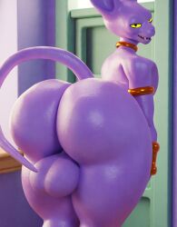 2025 3d_(artwork) absurd_res anthro ass backsack balls bedroom_eyes beerus big_butt bottomwear bracelet clothing digital_media_(artwork) domestic_cat dragon_ball dragon_ball_super english_description fangs felid feline felis fur genitals geometryboymejia god_of_destruction gold_(metal) gold_armlet gold_bracelet gold_jewelry gold_necklace hairless hairless_cat half-closed_eyes hi_res jewelry looking_back male mammal narrowed_eyes necklace nude_anthro pants purple_body purple_skin rear_view seductive sharp_teeth solo sphynx_(cat) standing tail teeth thick_thighs yellow_body yellow_fur