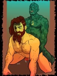 2boys aumaua avowed beard bite_mark bite_mark_on_shoulder blood_in_mouth blue_skin braided_beard brown_hair doggy_style envoy_(avowed) erect_penis erection facepaint gay implied_anal kai_(avowed) male male/male male_only midnightcowboy naked naked_male necklace pillars_of_eternity sex