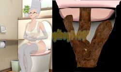 1girls 3d 3d_(artwork) ayase_seiko bare_ass bathroom bottomless clothed curvy curvy_hips dandadan female female_only glasses gray_gloves gray_hair grey_socks mikumikudance mmd red_lipstick scat shit shitting sleeveless thick_ass toilet toilet_use turd white_shirt
