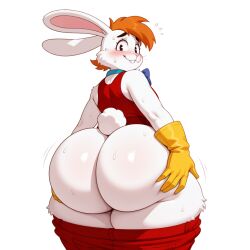 ai_generated anthro ass biting_own_lip bottom_heavy buckteeth disney femboy half-closed_eyes hand_on_ass long_ears male mammal orange_hair pixai rabbit roger_rabbit shortstack spoken_heart touchstone white_body white_fur who_framed_roger_rabbit