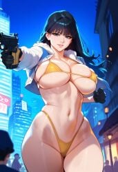 1girls 2d ai_generated big_breasts bikini black_hair breasts female female_focus gun highleg jacket long_hair miya_(sudden_attack) night outdoors sudden_attack_2 tagme
