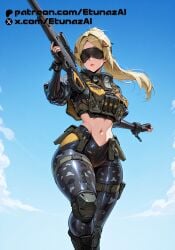 ai_generated blonde_hair etunazai female military_uniform navel ponytail sniper_rifle trigger_(zenless_zone_zero) zenless_zone_zero