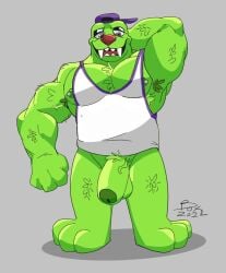 anthro armpit armpit_hair balls bara bottomless bugsnax chandlo_funkbun flaccid genericboxhead hand_behind_head male male_only muscles muscular pantsless penis solo solo_male