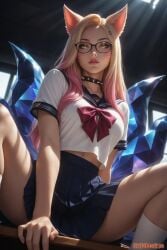 ahri ai_generated k/da_ahri k/da_series league_of_legends miniskirt open_legs riot_games school_uniform schoolgirl seducing seductive seductive_look seductive_pose sky4maleja uniform