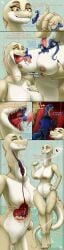 5_panel_comic absurd_res allsonwa anthro blue_body breasts coiling coiling_another dialogue duo english_text extreme_size_difference female fully_inside genitals hi_res inside_stomach internal licking licking_another long_tongue macro male male/female micro mouth_shot neck_bulge nipples on_tongue open_mouth pussy reptile scalie sharp_teeth sitting size_difference snake speech_bubble standing swallowing tan_body teeth text tongue tongue_out white_body willing_pred willing_prey