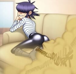 boots fart fart_cloud fart_fetish gorillaz leather_boots leather_clothing leather_pants lucyferswallows noodle_(gorillaz) purple_hair shiny_clothes