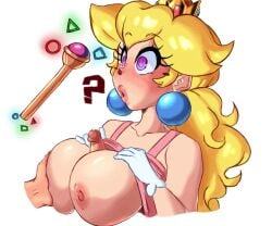 ? big_breasts blonde_hair breasts crown earrings gloves groping_breasts hypnosis hypnotic_eyes large_breasts magic_wand mario_(series) nintendo paizuri penis penis_between_breasts princess_peach purple_eyes shirt_lift short swirly_eyes theprincesskari wand