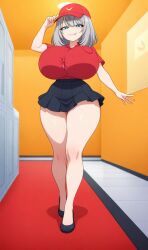 ai_generated blue_eyes huge_breasts pizza pizza_delivery silver_hair smug tejina_senpai tejina_senpai_(character) thick_thighs