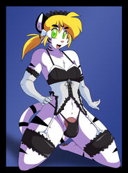 anthro blonde_hair corset edit feline garter garter_belt garter_straps girly gloves green_eyes hair hand_on_hip kneeling las_lindas lingerie male open_eyes penis plain_background shin_(las_lindas) skimpy solo stripes thong tiger white_fur