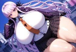1girls ai_generated big_breasts big_thighs curvaceous curvy_female danganronpa eyes female female_only gloves habit_sagon hourglass_figure kirigiri_kyouko large_breasts lavender_hair light-skinned_female light_skin long_hair looking_at_viewer miniskirt outdoors purple_eyes short_skirt thick thick_thighs tie voluptuous voluptuous_female wide_hips