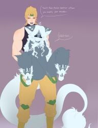 anthro anthro_on_human athletic athletic_male blonde blonde_hair crying dio_brando earrings embarrassed english_text furry furry_female grey_fur jojo's_bizarre_adventure lipstick muscular muscular_male not_ai_generated nude_female nude_female_clothed_male omorashi original_character peeing peeing_self pussy random-anon-art shounen_jump simple_background simple_shading speech_bubble stardust_crusaders tagme tail urine vampire watersports