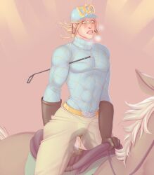 1boy accident athletic athletic_male blonde blonde_hair blue_eyes blush crying crying_with_eyes_open desperate desperation diego_brando dripping dripping_penis embarrassed fully_clothed gloves heavy_breathing horse horse_riding humiliated humiliation jojo's_bizarre_adventure messing messy muscular muscular_male nipples_visible_through_clothing not_ai_generated omorashi peeing peeing_on_another peeing_self piss piss_soaked pissing pissing_on_another random-anon-art riding_horse saddle shounen_jump simple_background six_pack soaked soaked_clothes steel_ball_run tears tight_clothing urine watersports wet_clothes wet_clothing wetting wetting_self