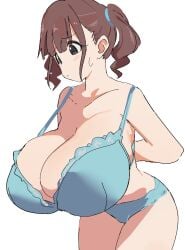 adjusting_bra bent_over black_eyes blue_lingerie blush brown_hair dressing gigantic_breasts hyper_breasts nervous_sweat side_ponytail sweatdrop tying_bra undersized_bra worried