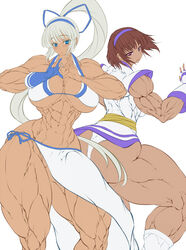 2girls abs beige_skin blue_eyes breasts brown_eyes brown_hair extreme_muscles female highres huge_breasts human impossible_clothes long_hair majikina_mina multiple_females multiple_girls muscle purukogi_(plasma_beach) rimururu samurai_shodown short_hair simple_background sweat tan_skin white_hair