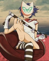 asian asian_female blue_hair detailed_background foot_focus frown gloves gorillaz harrisartz leg_over_knee mask masked_female noodle_(gorillaz) one_sock_off one_sock_on plastic_beach pulling_sock red_scarf scarf thigh_socks
