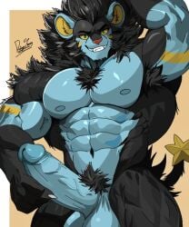 1boy abs animal_ears arm_up artist_name bara blue_eyes claws colored_sclera completely_nude draigon_spercy english_commentary erection fangs furry furry_male grin lion_ears lion_mane looking_at_viewer luxray male_focus mane muscular muscular_male navel nipples nude pectorals penis pokemon pokemon_(creature) signature smile tail testicles yellow_sclera