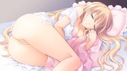 ass astraythem bed bed_sheet blonde_hair blush closed_eyes female game_cg ginta legs long_hair lying nightgown no_panties nude on_side pillow pussy sakurazuka_natsuki sleeping solo thighs uncensored