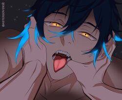 1boy abs ass asterio asterio_verse asterioverse bare_arms bare_breasts bare_legs clothing cute_male male mouth nipples open_mouth pale_skin slim slim_male solo solo_focus spread_legs tongue twink undressing yaoi young