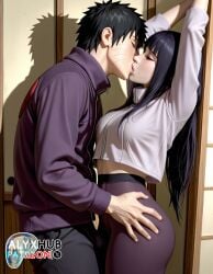 1boy 1girls 2025 ai_assisted ai_generated alyxhub anime anime_style arms_above_head arms_up black_hair breasts closed_eyes clothed dark_blue_hair female female_focus hi_res high_resolution highres hyuuga_hinata jacket kissing male male/female naruto naruto:_road_to_ninja naruto_(series) naruto_shippuden purple_clothing side_view standing thick_thighs thigh_grab thighs tight_clothing uzumaki_menma whisker_markings zipper