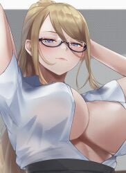 arms_behind_head arms_up black_skirt blonde_hair blue_eyes blush breasts center_opening cleavage closed_mouth collared_shirt female glasses hair_between_eyes half-closed_eyes highres large_breasts lips lipstick long_hair looking_at_viewer looking_down makeup metroid mole mole_under_mouth nintendo partially_unbuttoned ponytail samus_aran shirt short_sleeves sideboob sidelocks skirt solo swept_bangs tinnies white_shirt