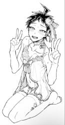 blush crossdressing danganronpa danganronpa_2:_goodbye_despair hinata_hajime lingerie male male_focus nipples nipples_visible_through_clothing panties peace_sign smile solo solo_focus solo_male stockings underwear uurin