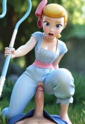 3d ai_generated blonde_hair blue_eyes bo_peep clothed disney looking_at_penis penis penis_in_pussy pixar smile torn_clothes toy_story toy_story_4