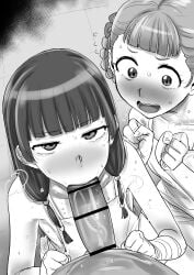1boy 2girls absurdres bar_censor bath blush braid censored clenched_hand fellatio highres kaiman_garupan kusuriya_no_hitorigoto looking_at_viewer maomao_(kusuriya_no_hitorigoto) monochrome multiple_girls open_mouth oral penis twin_braids underwear wavy_mouth xiaolan