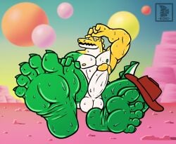 alligator balls bara cowboy_hat feet foot_fetish gay gummigoo_(the_amazing_digital_circus) humanoid_genitalia humanoid_penis koki_1 male male_only muscular_male naked penis soles sweat sweating sweaty sweaty_body toes