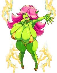 big_breasts bikini biped breasts clothed clothing dart_(thecon) eyelashes female footwear goblin golden_week green_body hair hi_res high_heels huge_breasts humanoid not_furry pink_hair pupils shoes simple_background smile solo swimwear thecon thick_thighs two-piece_swimsuit white_background